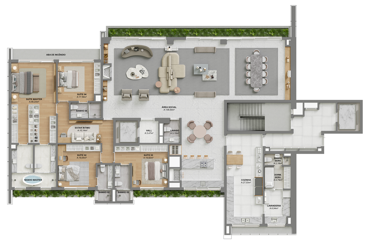 Torre 1 |  3° Pavimento | Padrão obra | 4 Suítes + Estar íntimo | 382,53m²