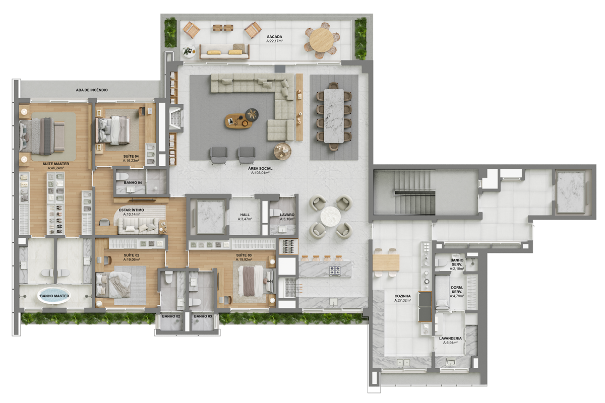 Torre 1 | Pavimento tipo par | Padrão obra |  4 Suítes + Estar íntimo | 354,43m²