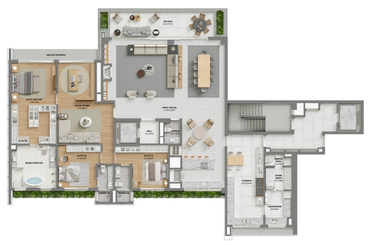 Torre 1 | Pavimento tipo par | Opção 2 |  3 Suítes + Estar íntimo ampliado | 354,43m²