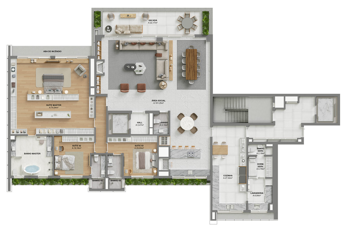 Torre 1 | Pavimento tipo par | Opção 4 |  3 Suítes - Suíte master banho único | 354,43m²