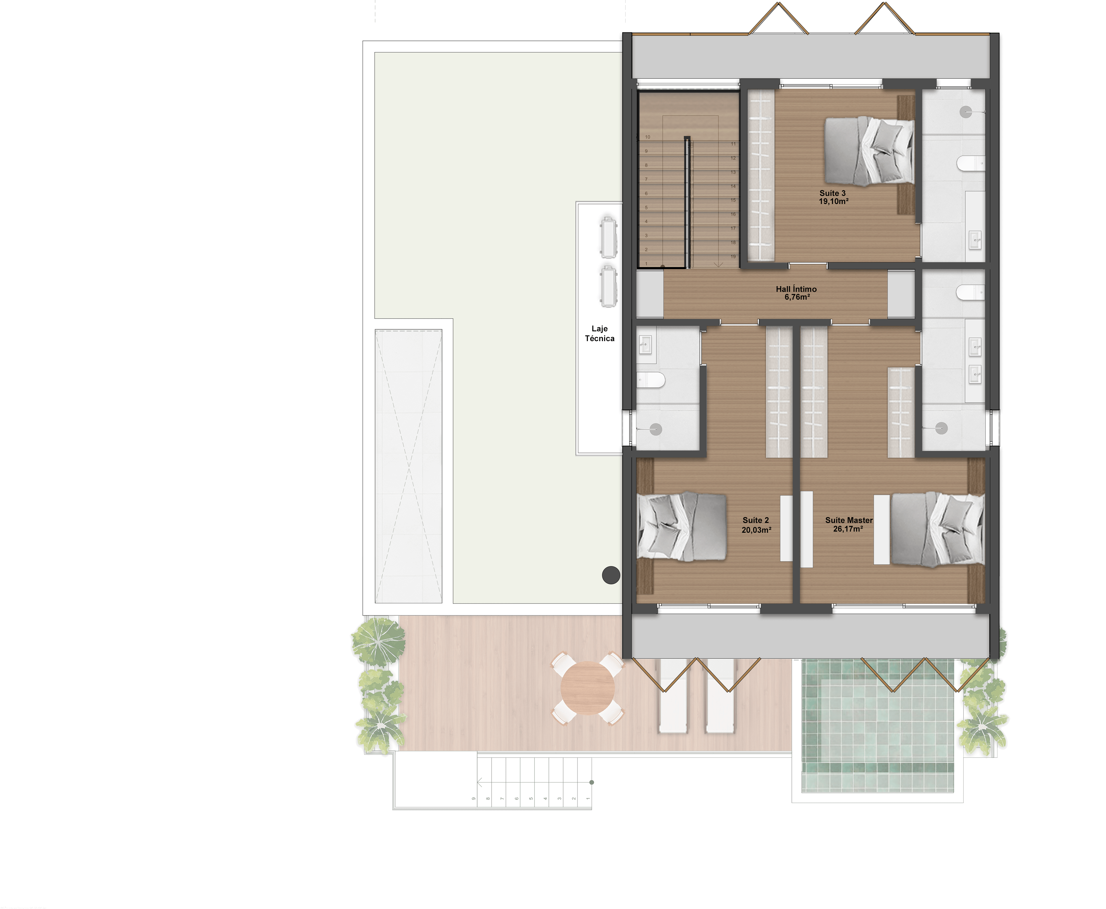 326,27m² | Opção 1 | Pavimento superior | 3 Suítes + Adega