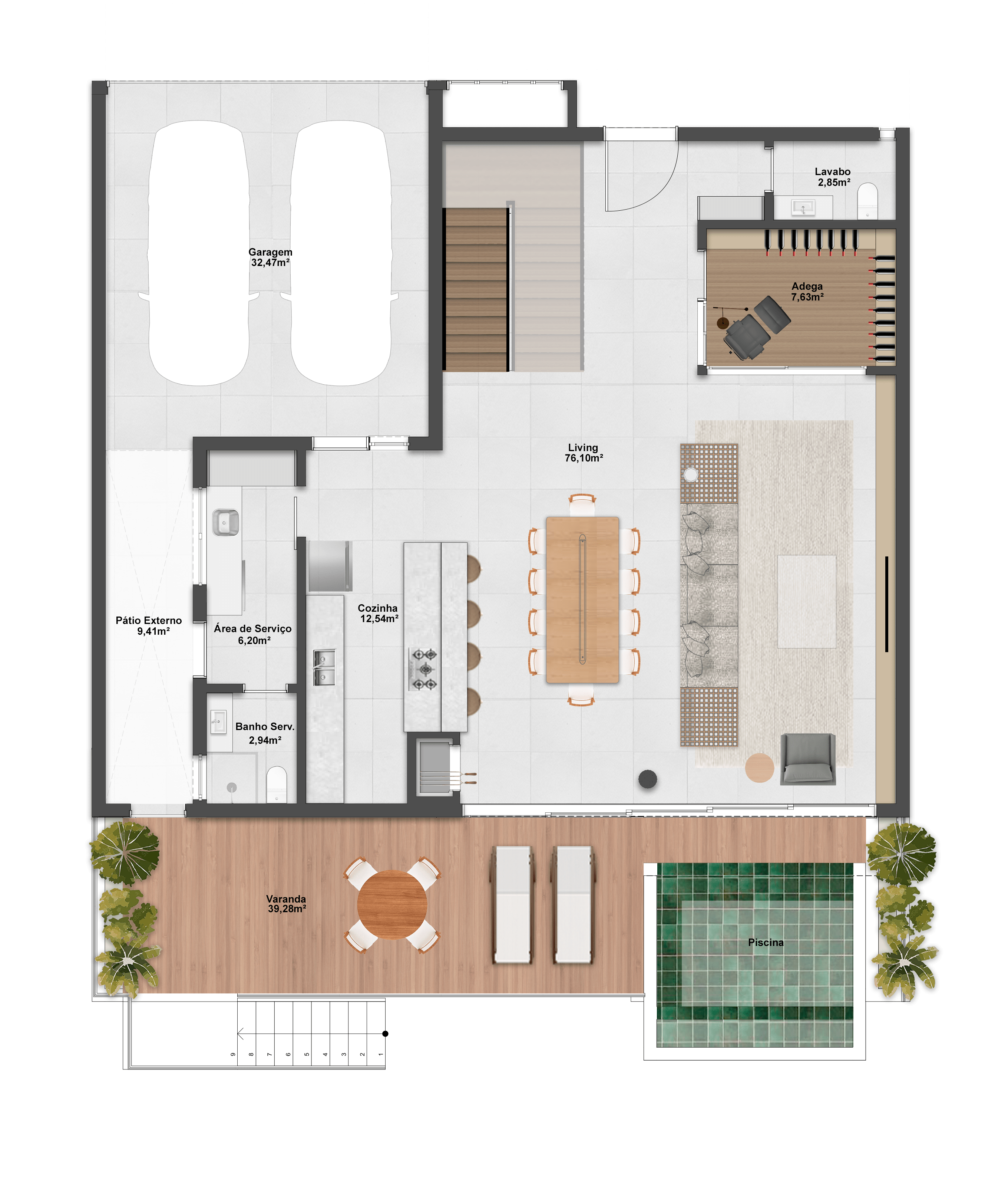326,27m² | Opção 1 | Térreo | 3 Suítes + Adega 