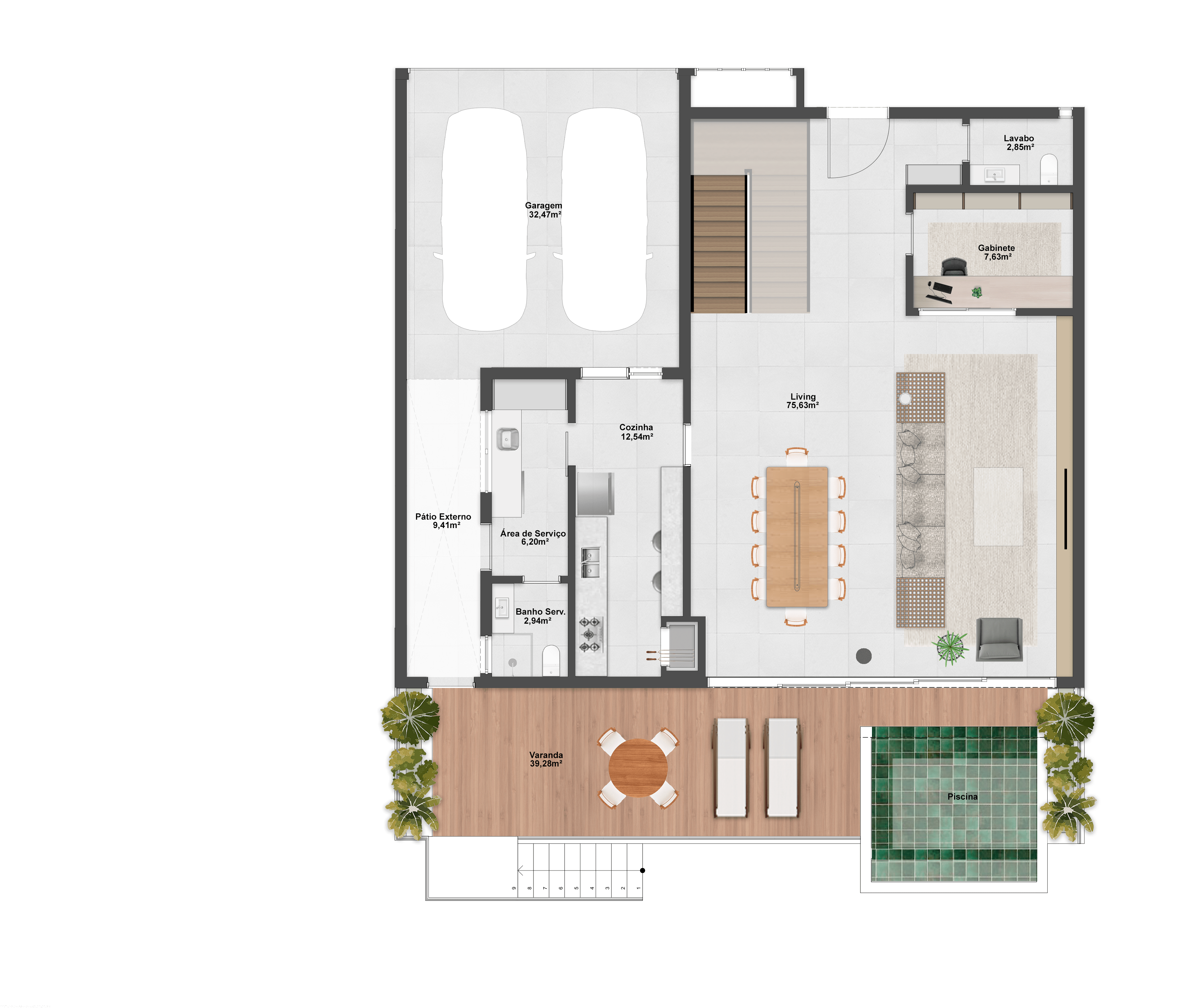   326,27m² | Padrão | Térreo | 3 Suítes + Gabinete