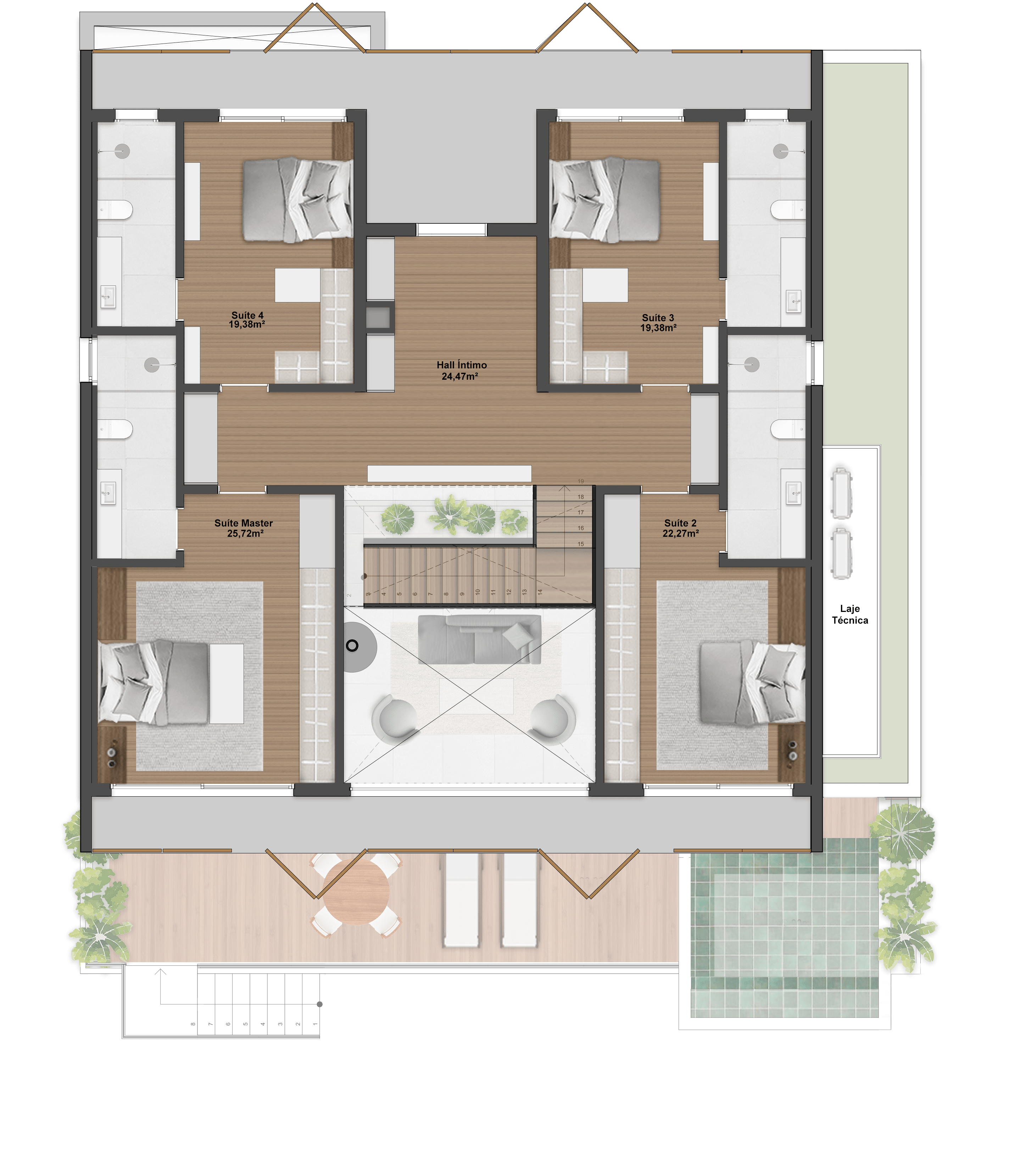 406,65m² | Padrão | Pavimento superior | 4 Suítes