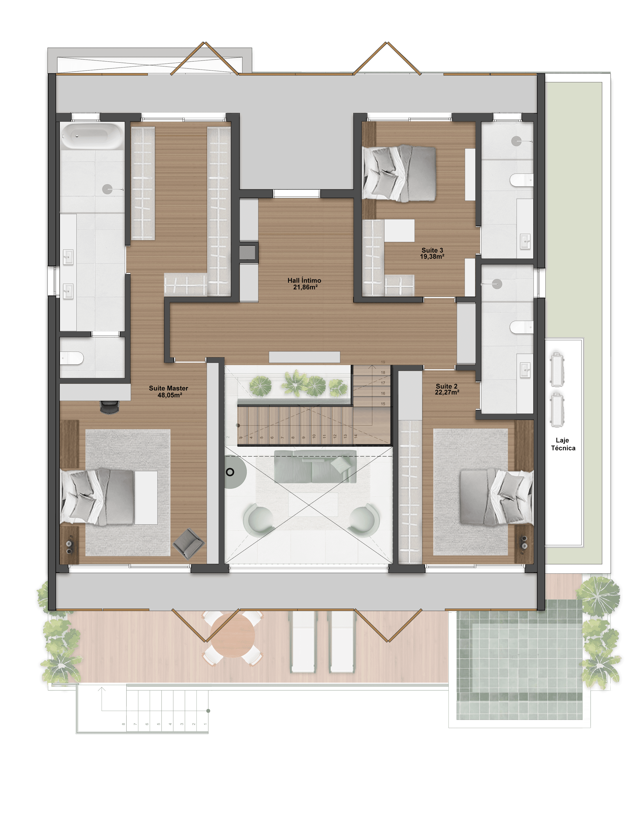 406,65m² | Opção 1 | Pavimento superior | 3 Suítes