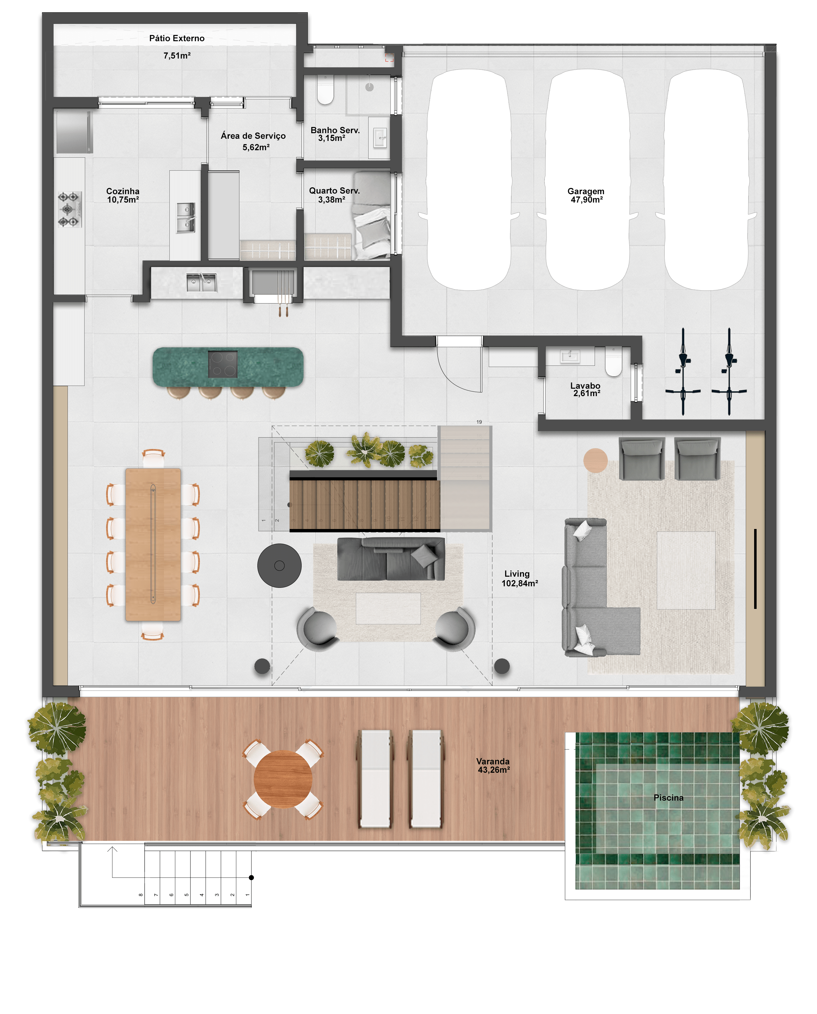 406,65m² | Opção 1 | Térreo | 3 Suítes