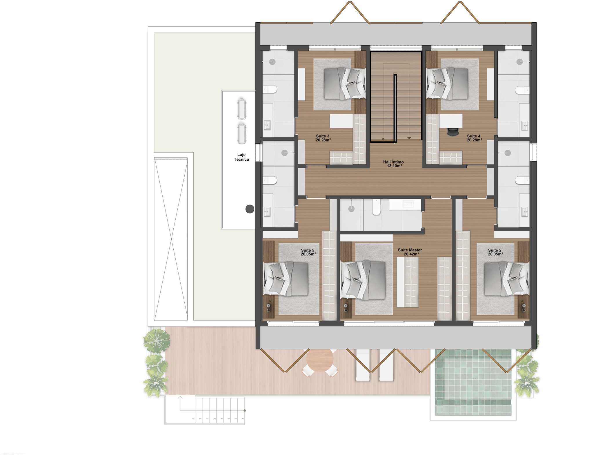 432,97m² | Padrão | Pavimento superior | 5 Suítes + Gabinete