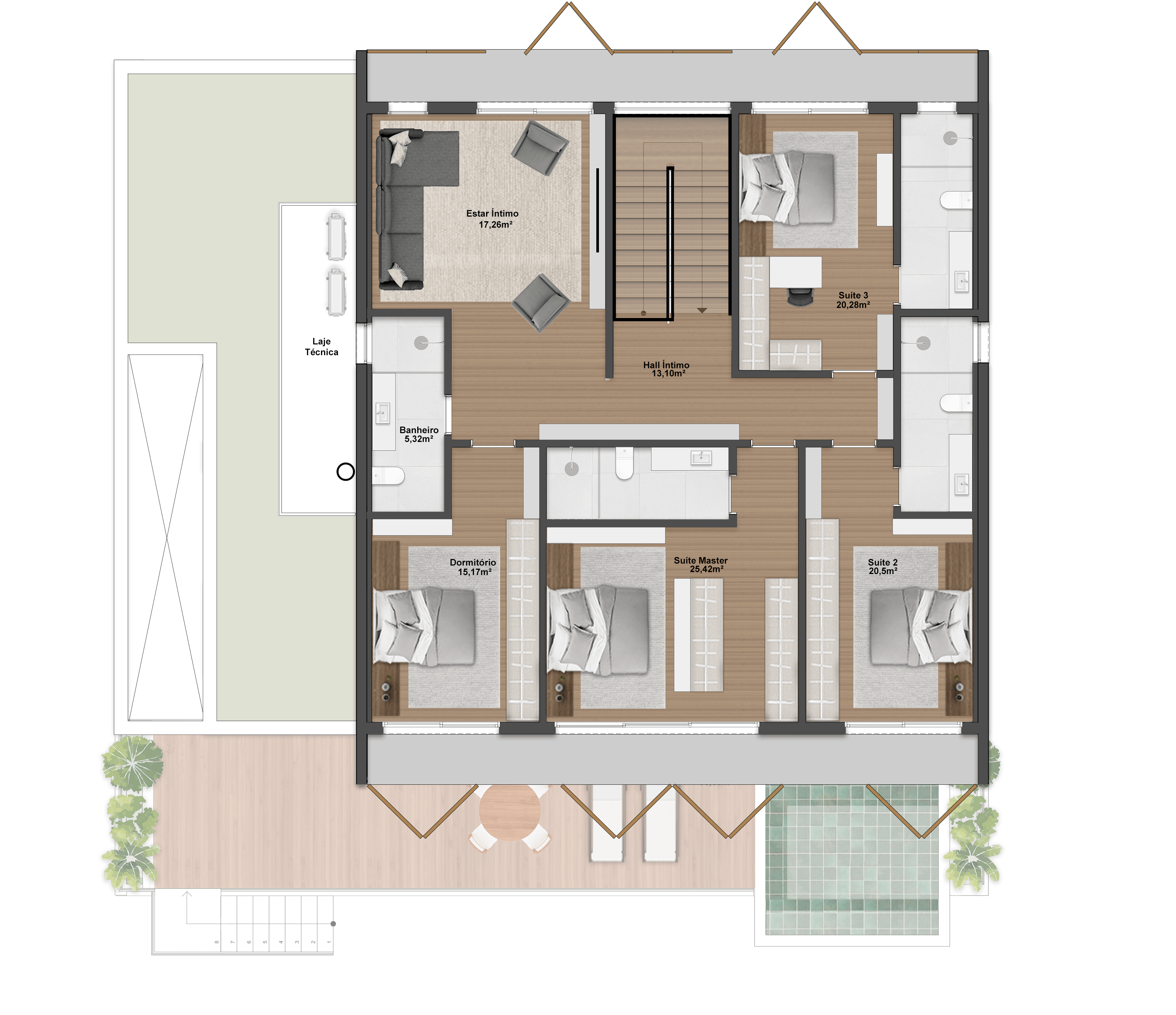432,97m² | Opção 1 | Pavimento superior | 3 Suítes + 1 Dormitório + Gabinete