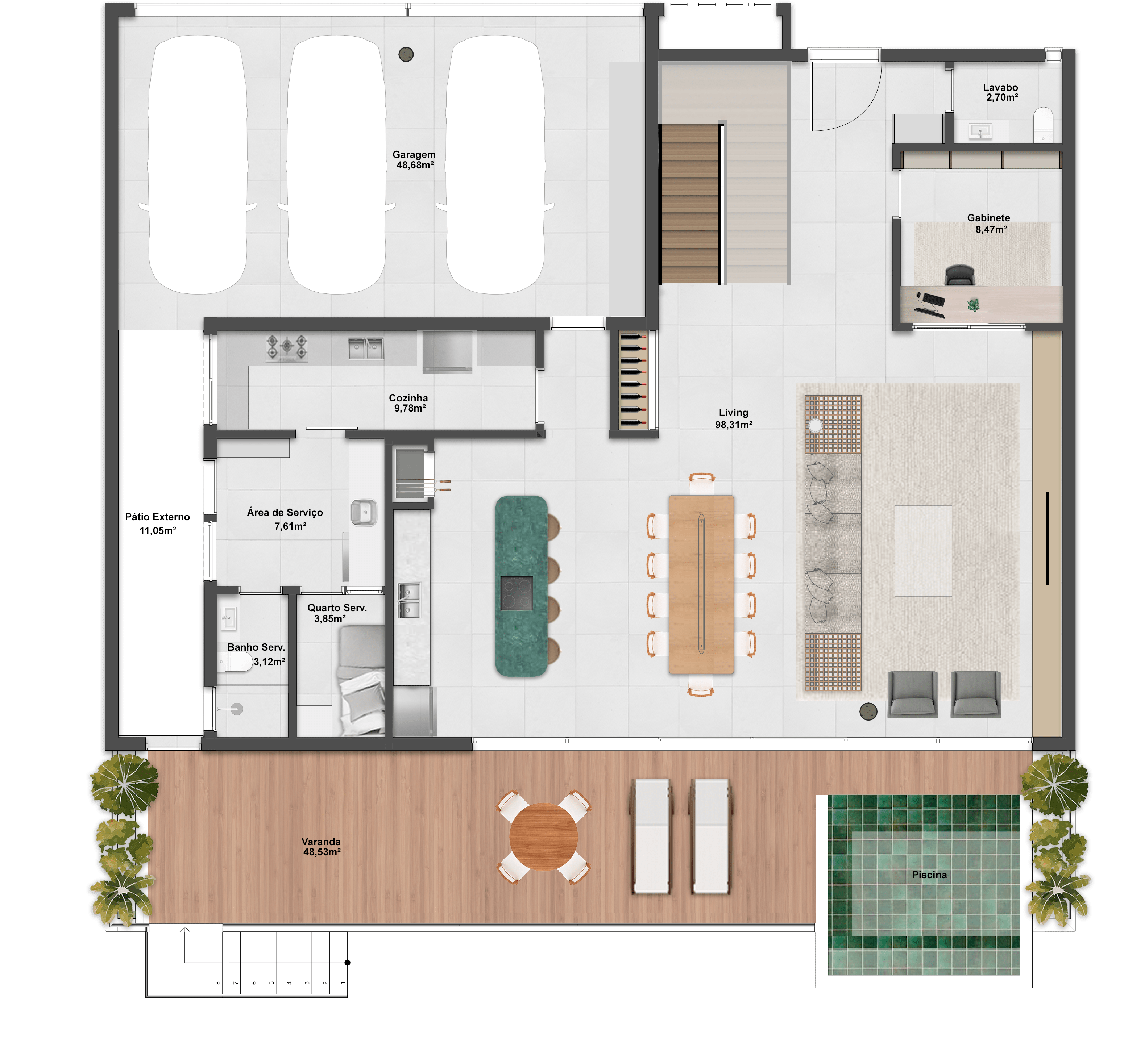 432,97m² | Opção 1 | Térreo | 3 Suítes + 1 Dormitório + Gabinete