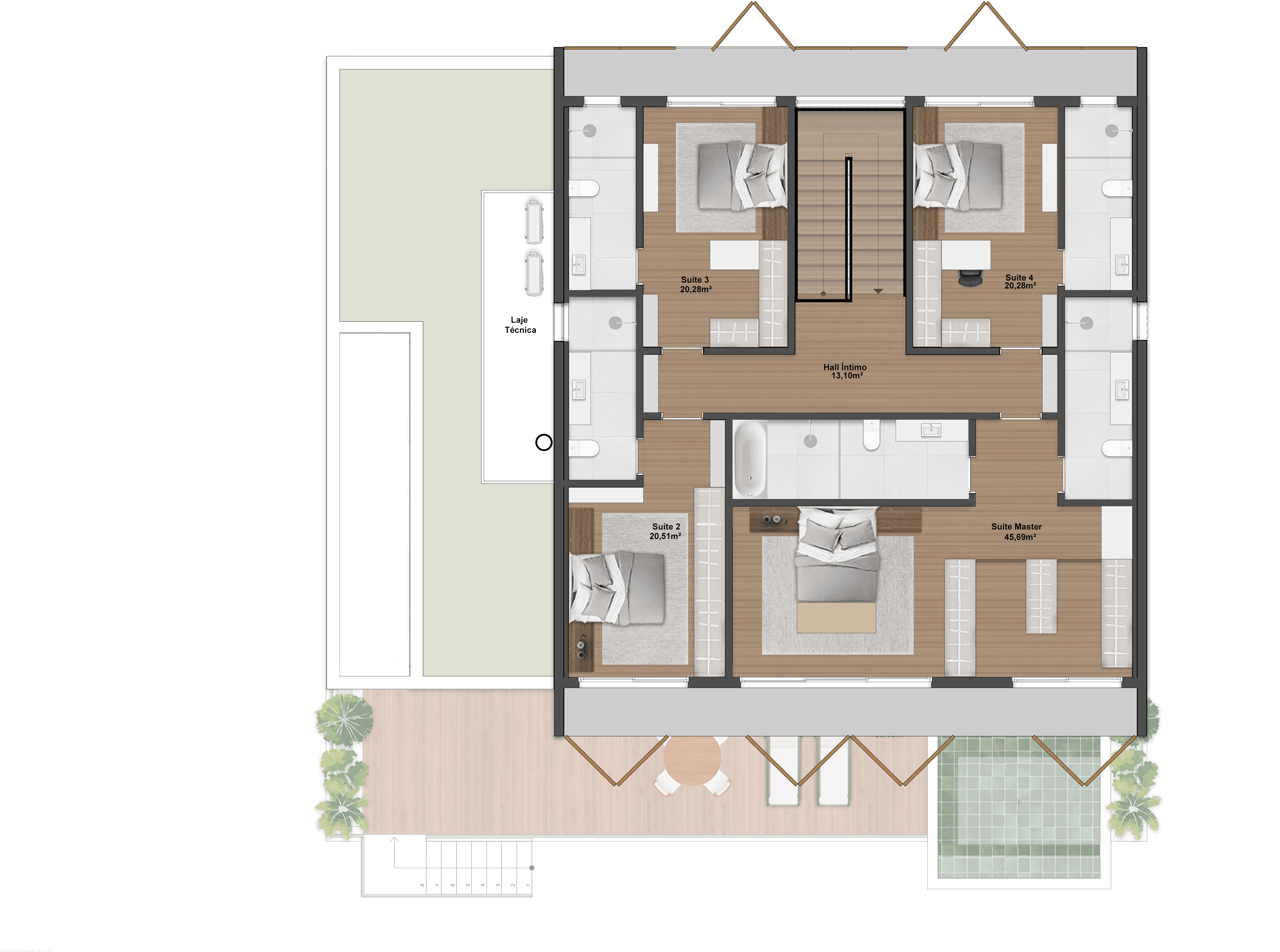 432m² | Opção 2 | Pavimento Superior | 4 Suítes + Adega
