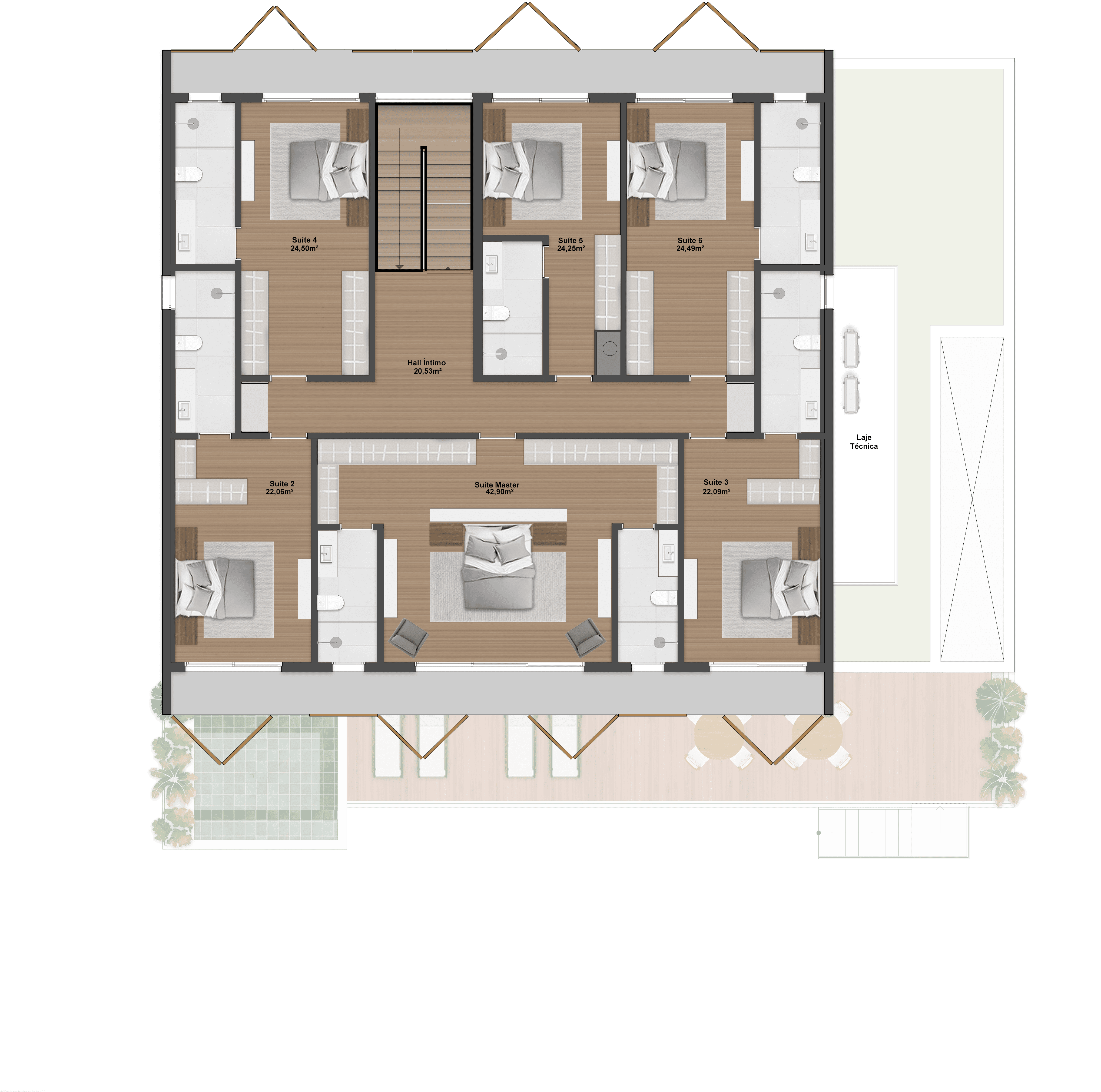 589,93m² | Padrão | Pavimento superior | 6 Suítes + Gabinete