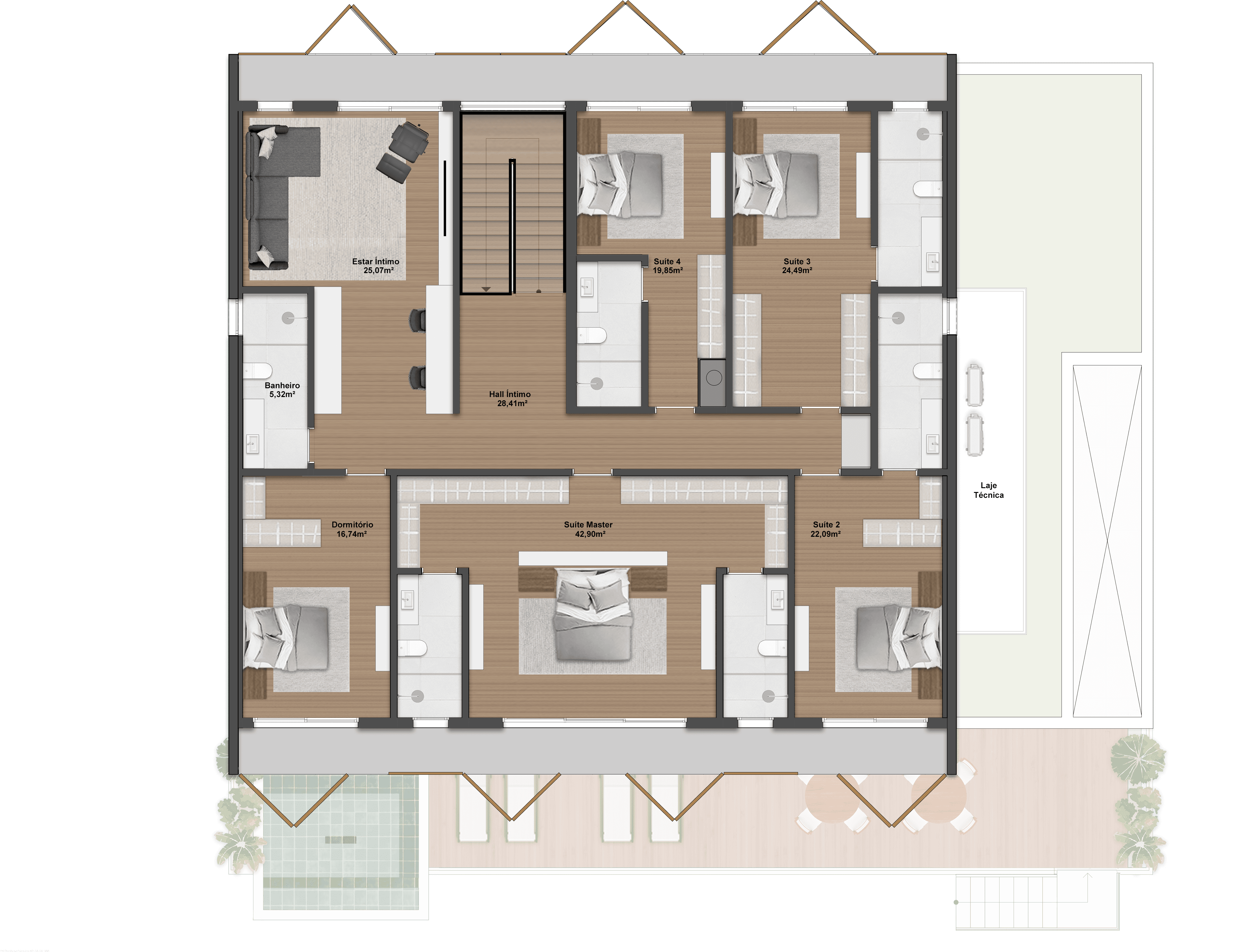 589,93m² | Opção 1 | Pavimento superior | 4 Suítes + 1 Dormitório + Adega