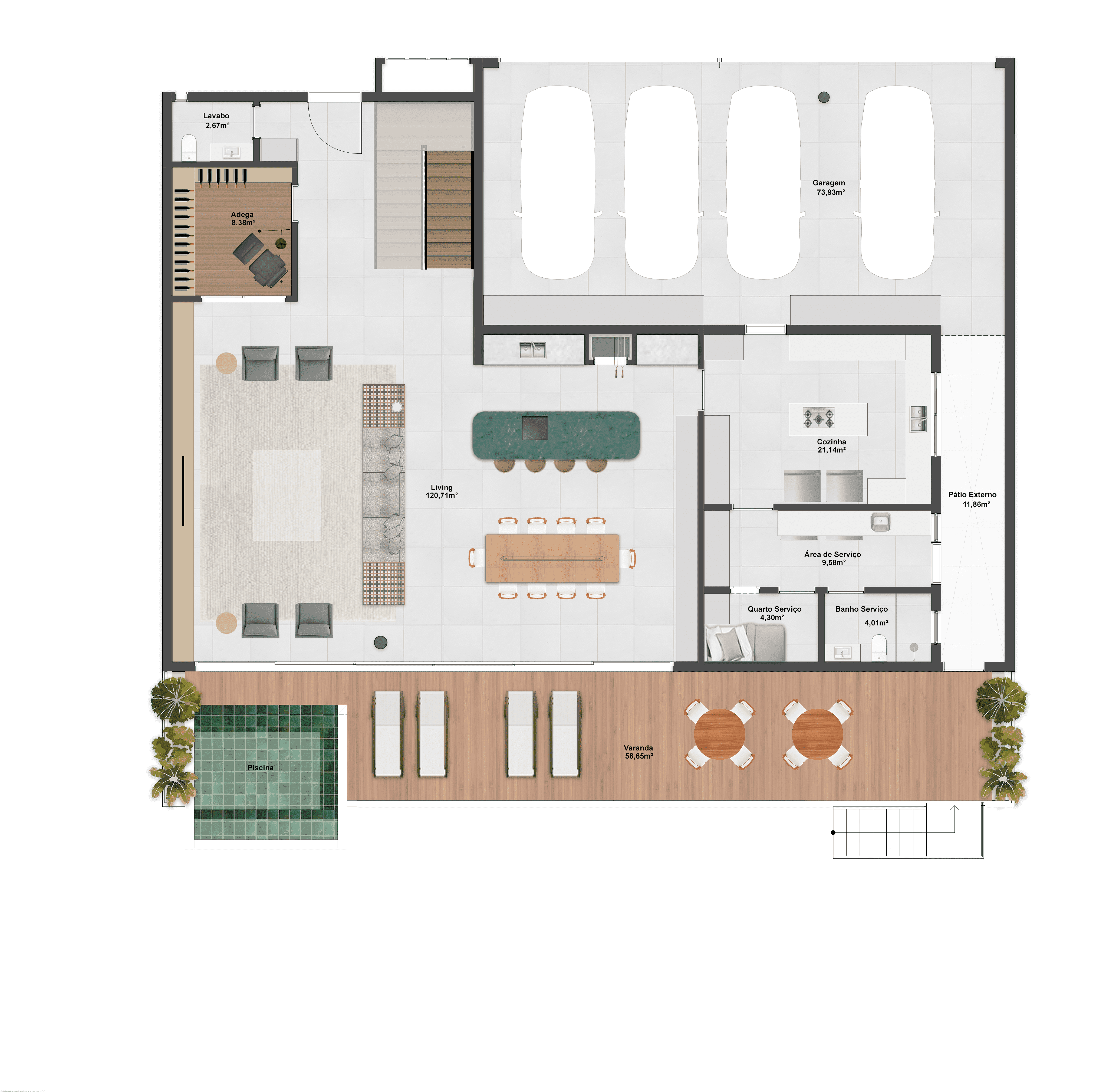 589,93m² | Opção 1 | Térreo | 4 Suítes + 1 Dormitório + Adega