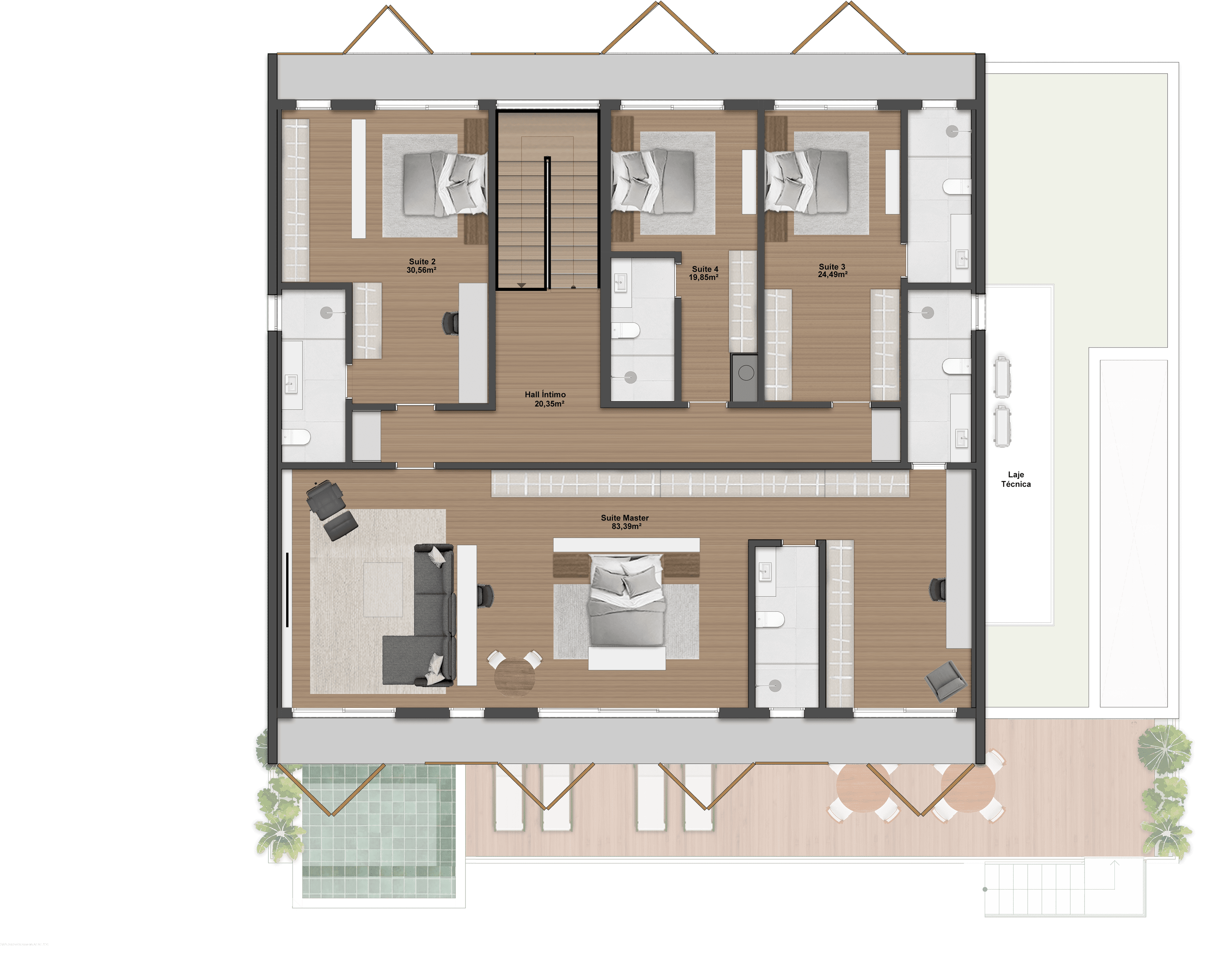 589,93m² | Opção 2 | Pavimento superior | 4 Suítes + Gabinete