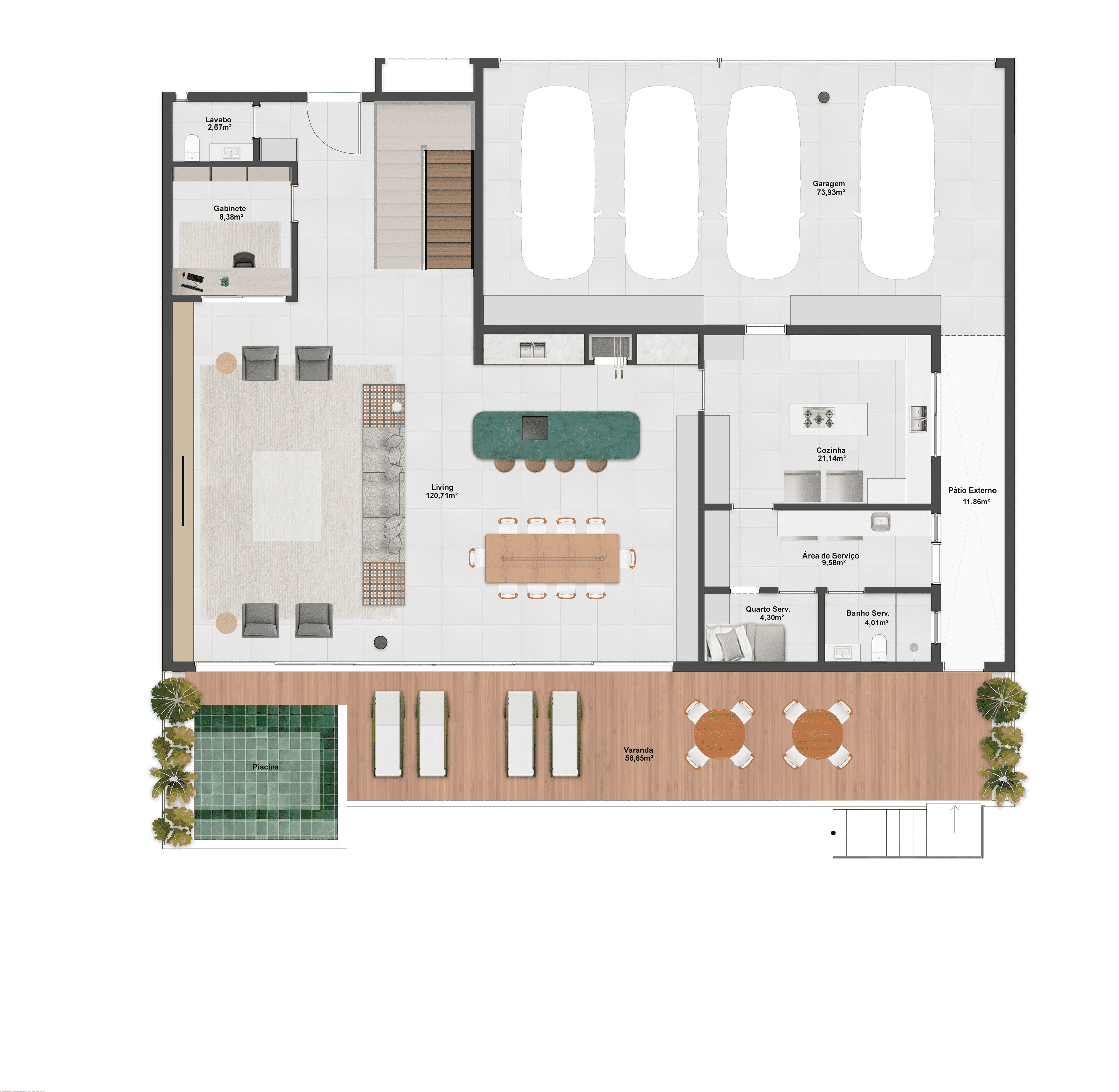 589,93m² | Opção 2 | Térreo | 4 Suítes + Gabinete