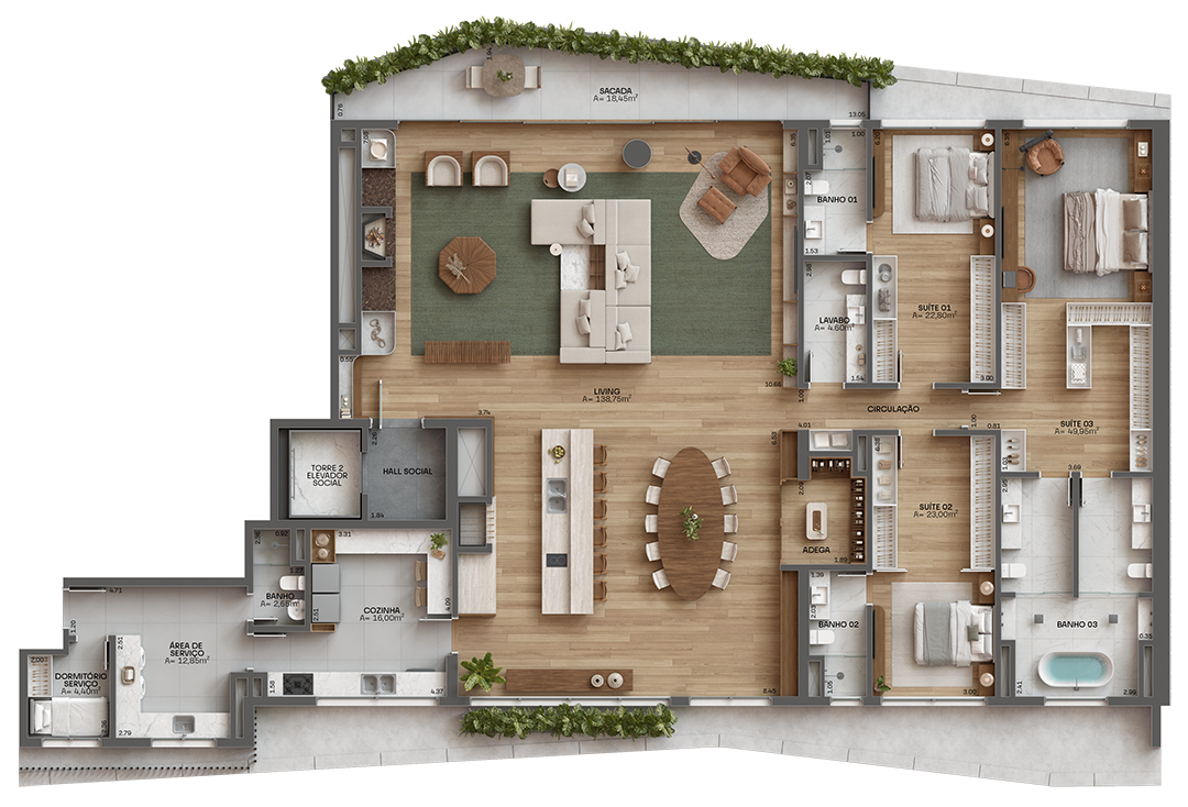 Apartamento Final 01 | T2 | 3 Suítes c/ Living Estendido