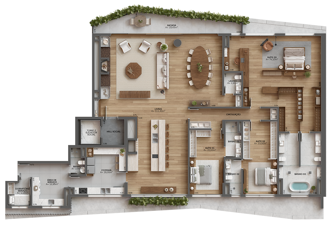 Apartamento Final 01 | T2 | 3 Suítes | Opção Suíte Estendida